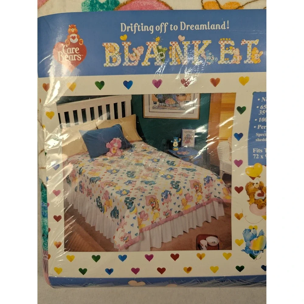 Vintage 1995 Care Bears Blanket Beacon Twin Full Bedding Hearts Balloons 72x90